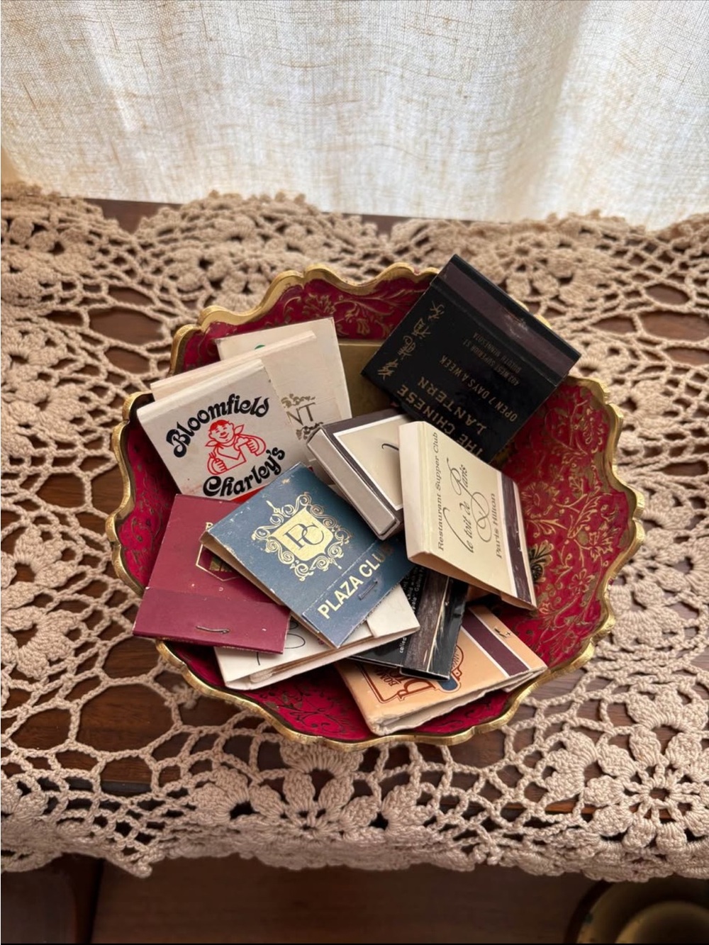 Vintage Indian Brass Bowl + Collection of Retro Match books